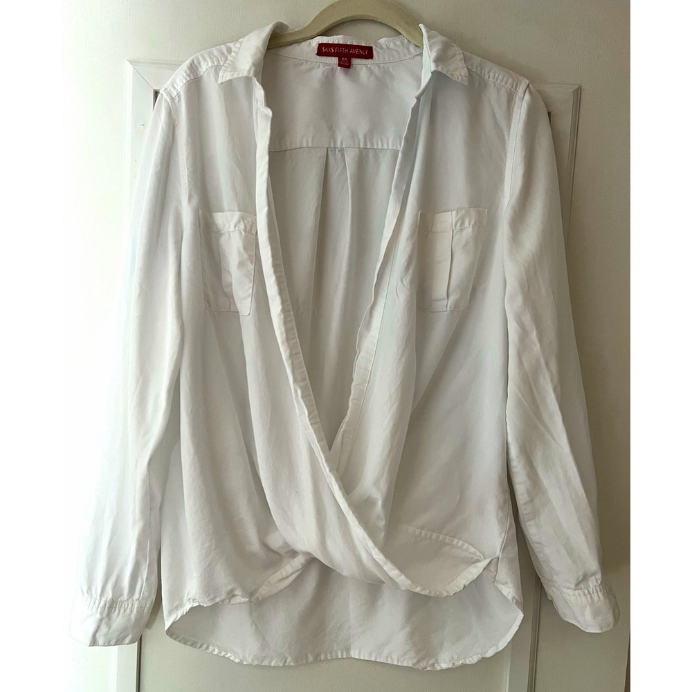 Saks Fifth Avenue Womens M White Lyocell Wrap Front Collared Blouse Pockets